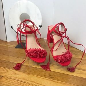 Red tie up sandal win/ block heel
